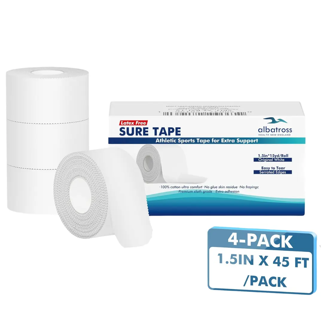 White Cotton Sport Tape 4-Pack (1.5 in x 45 ft) - Easy-Tear, Water-Resistant, Hypoallergenic, Breathable, Sweat-Wicking, Superior Grip, Lightweight Compact Rolls for Gym Bags - Training, Baseball, Adult Joint Support & Sensitive Skin Physical Therapy Use
