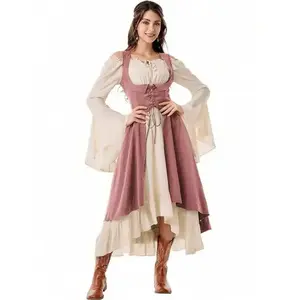 Two piece medieval women Renaissance period low cut pirate farmer low cut dress, leading autumn dress, suitable for women's Halloween, can be paired with raincoat