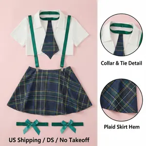 Women's Sexy Schoolgirl Lingerie Set Plaid Pleated Mini SkirtOutfit with Suspenders Necktie and Thigh Garters Cute Y2KAesthetic Role Play Lingerie for Valentine's Day Date NightCosplay Party Fuchsia/Red/Green 4 Piece Set