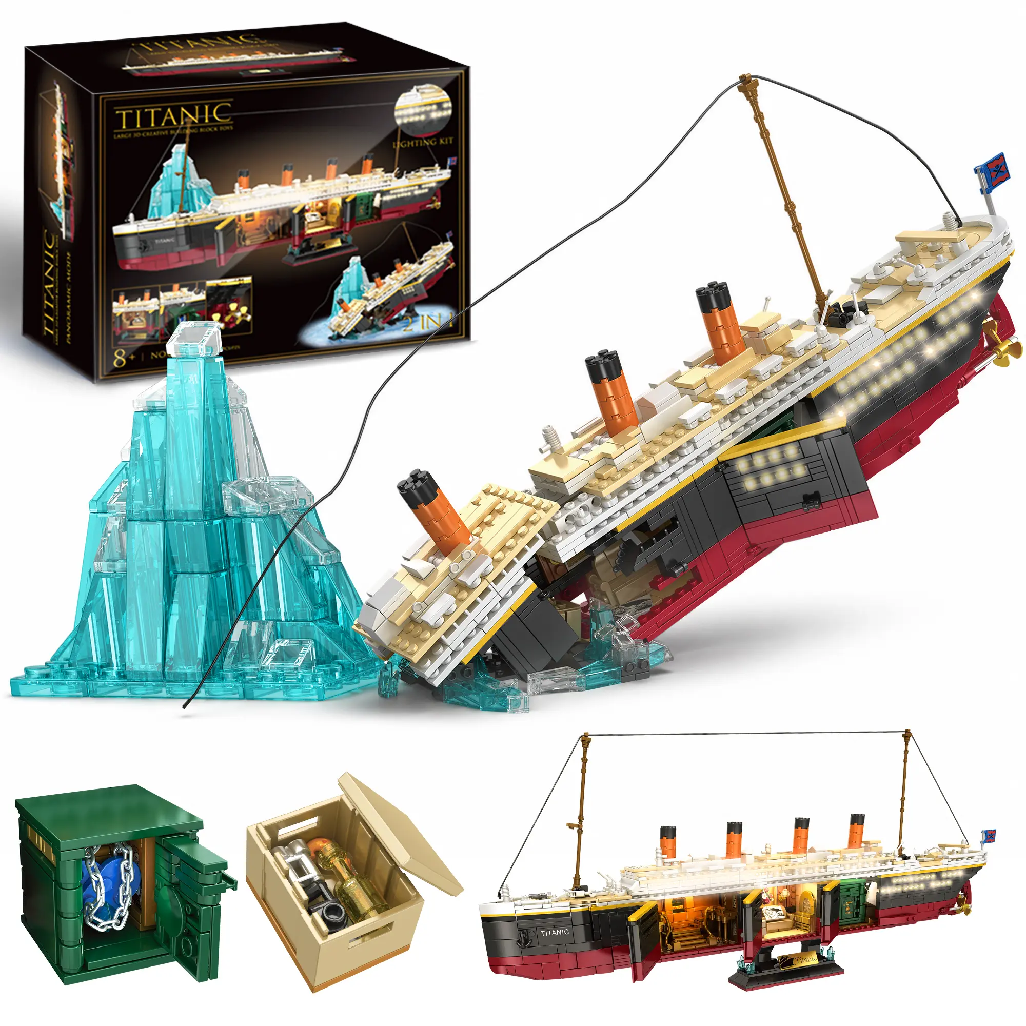 TOKMOC 66010,2-in-1 model of driving and shipwreck Titanic Building Block Set,Big Ship Model Set with Light Strip, Glacier,Ideal Ship Collecting Building and Gifting Model,Birthday and Home Decoration,For aged 12 and above,Stress relief toy,2288 Pieces
