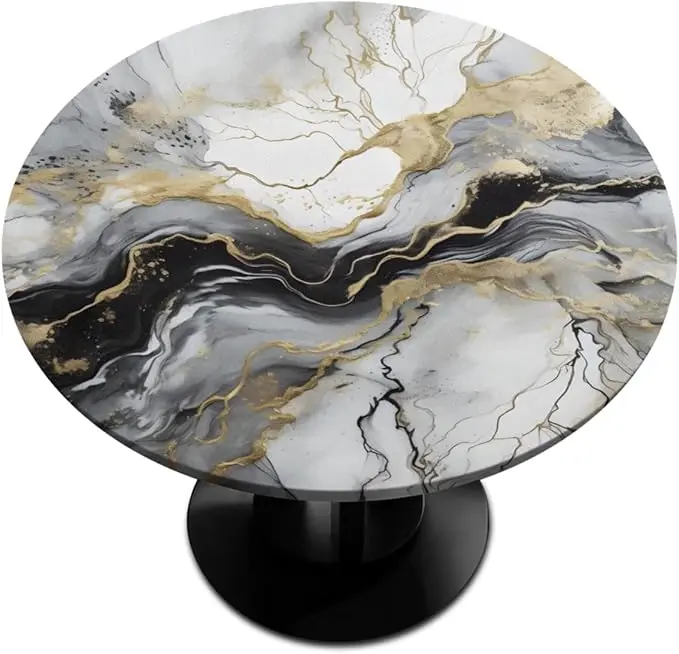 Black White Gold Marble Elastic Drawstring Fitted Round Tablecloth - Waterproof, Stain-Resistant Polyester Stretch Cover With Elastic Edge, Non-Slip No-Hang Fabric Fits 36-42 in Round Tables for Kitchen, Cafe Indoor Decor, Polyester Fits