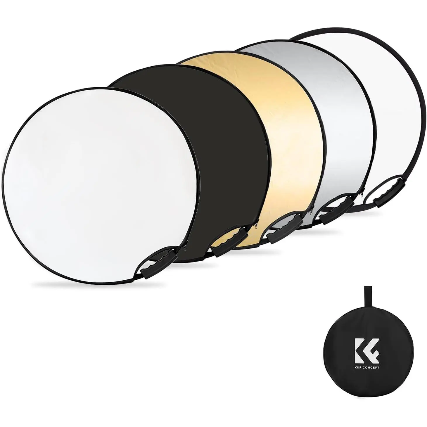K&F CONCEPT 5-in-1 Handheld Photography Light Reflector with Durable Grip Handle, 22 in (60cm) Collapsible Portable Diffuser Covers, Storage Bag, Camera Accessories for Studio, Outdoor Lighting (Gold, Silver, White, Black, Translucent)