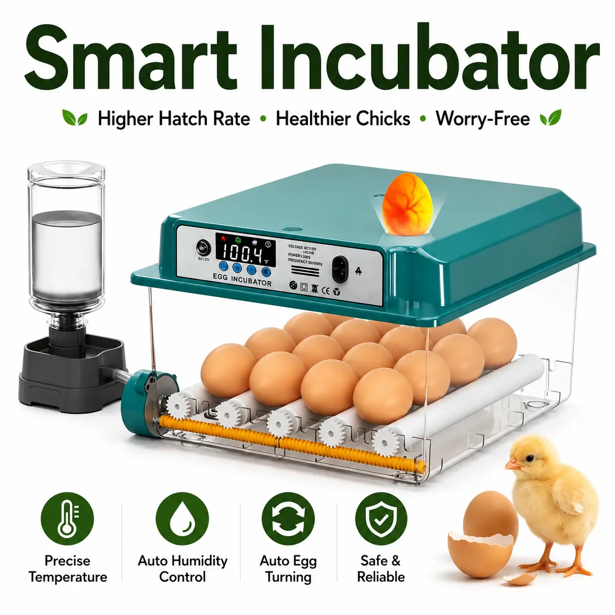 16-Egg Professional Fully Automatic Poultry Incubator for Home & Farm Use - Compact ABS Plastic Hatcher, Auto Turner (Quail/Duck/Chicken Eggs), Smart Temp Control, Adjustable Tray, External Safe Water Top-Up, Easy Operation