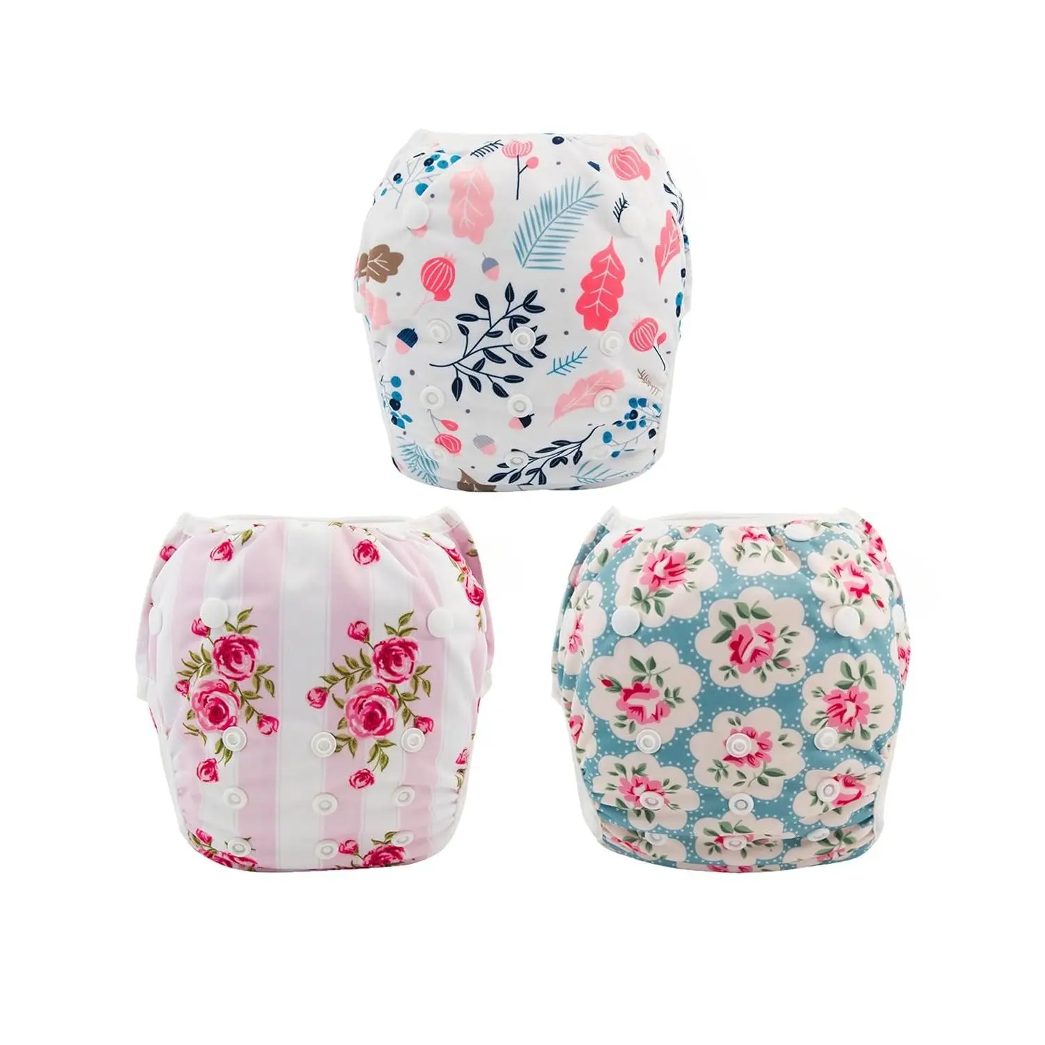 3-Pack Reusable Swim Diapers for Baby Girls, Adjustable Small Graphic & Flower World Prints, Waterproof Polyester TPU for Newborns 0-8 Months, Newborn, 0 - 3 Months