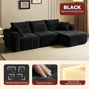 【2 Packages Shipping】Juvani 110" Plush Corduroy Cloud Velvet Modular Boneless Couch with Chaise 38cm High-Resilience Sponge, No Assembly Required - L/U-Shaped Sectional Sofa Set with Flexible Configuration - 110"W x 69"D x 33"H, 3 Seater