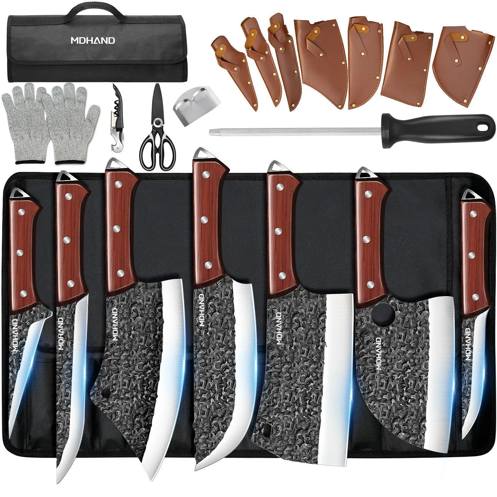 MDHAND Professional Kitchen Chef Knife Set, Hand Forged High Carbon Stainless Steel Blades for Meat, Slicing, Chopping, Boning, Knife Set with Roll Bag