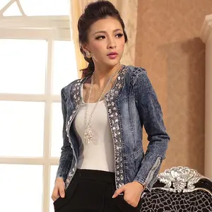 Spring and autumn stretch denim rhinestone sequins retro short jacket denim jacketGift