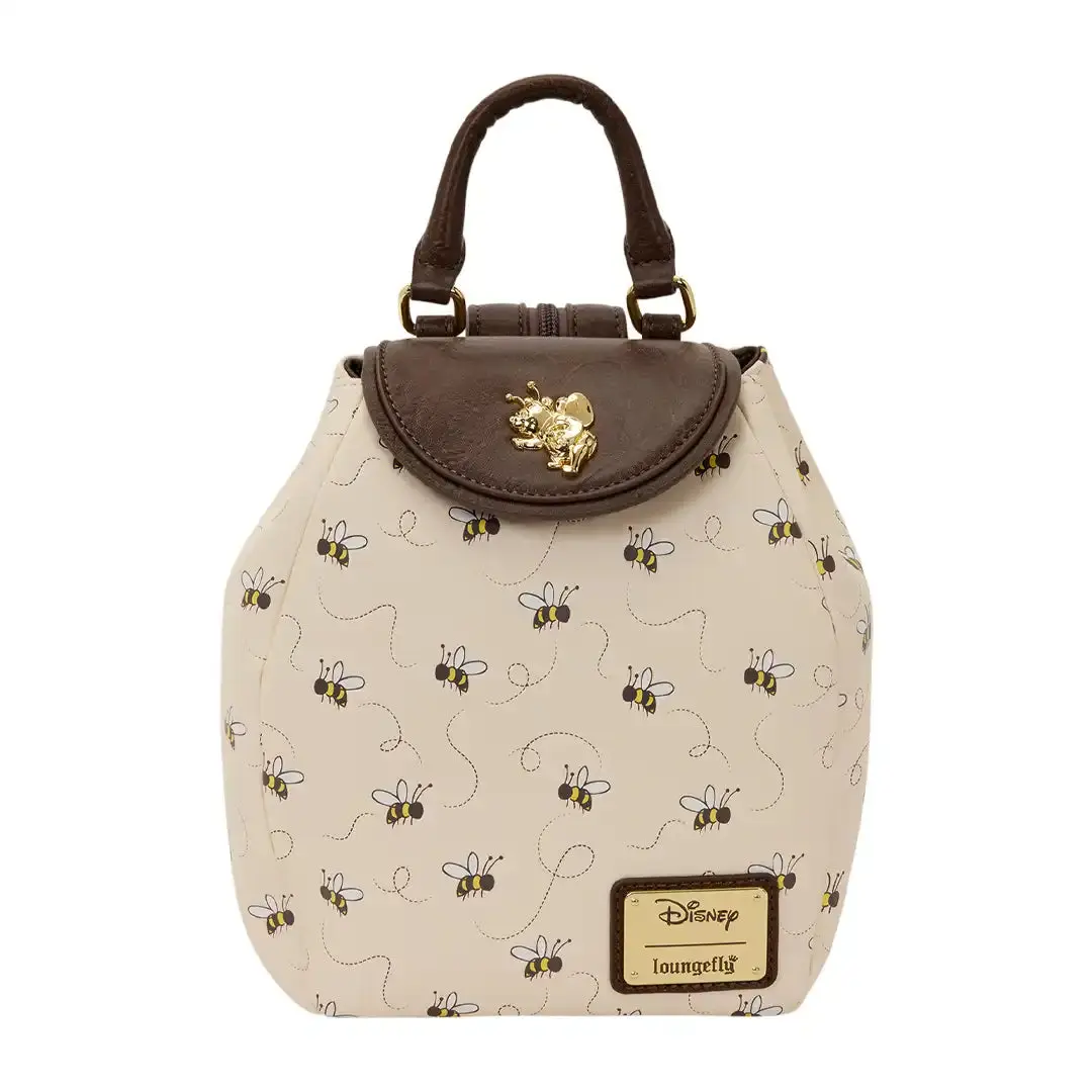 Loungefly Disney Winnie The Pooh Casual Convertible Mini Backpack in Faux Leather with Embossed Honey Bee Pattern & 3D Charm, Mini Backpacks, Casual Wear, Everyday Carry, Micro Mini