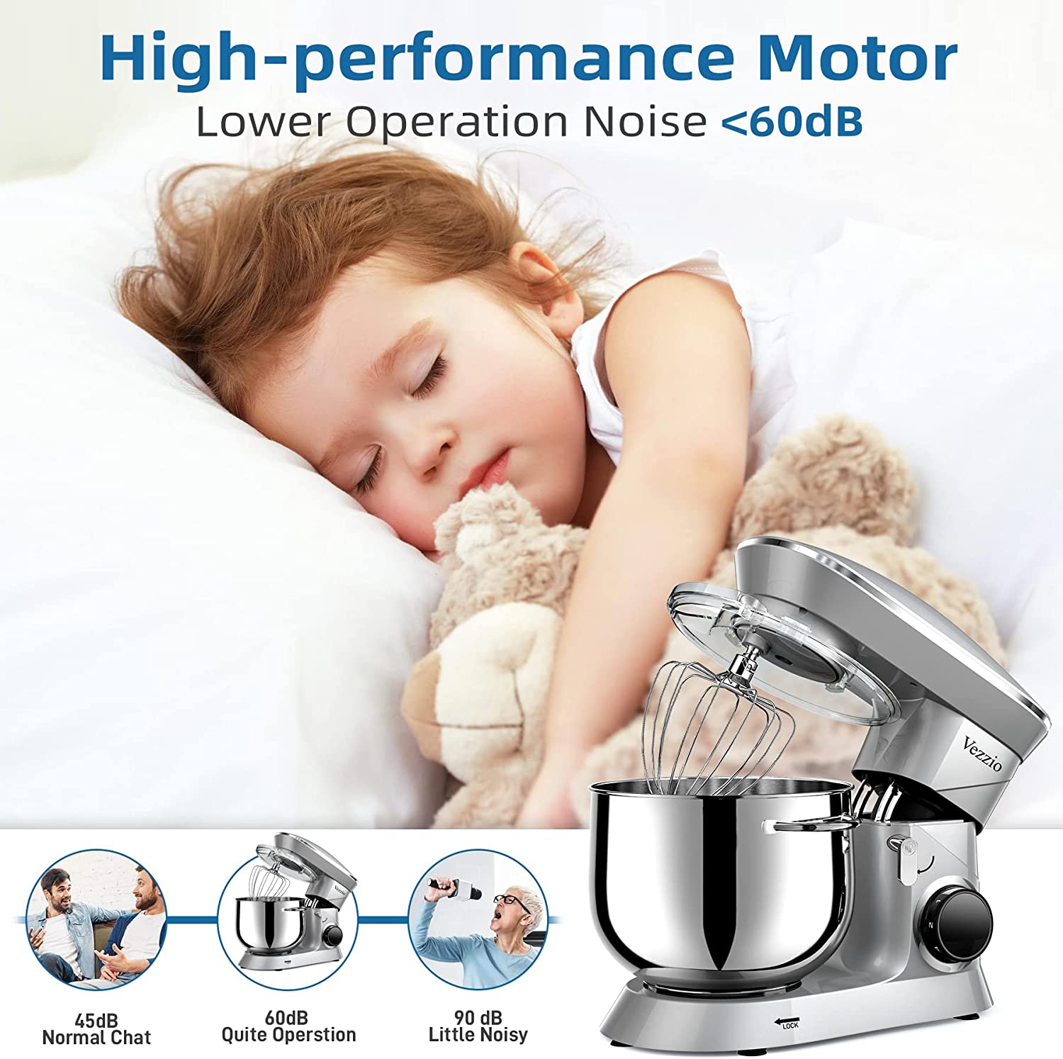 VEZZIO 9.5 Qt Stand Mixer, 10-Speed Tilt-Head Food Mixer, Vezzio 660W Kitchen Electric Mixer with Stainless Steel Bowl, Dishwasher-Safe Attachments for Most Home Cooks