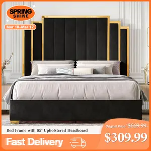 AMERLIFE Bed Frame with 65" Headboard, Upholstered Platform Bed with Golden Plating Trim, Modern Luxury Bed Frame, No Box Spring Needed/No Mattress/Queen/King//Unique Bedroom Furniture/Best Gift Ideas/Christmas Gifts