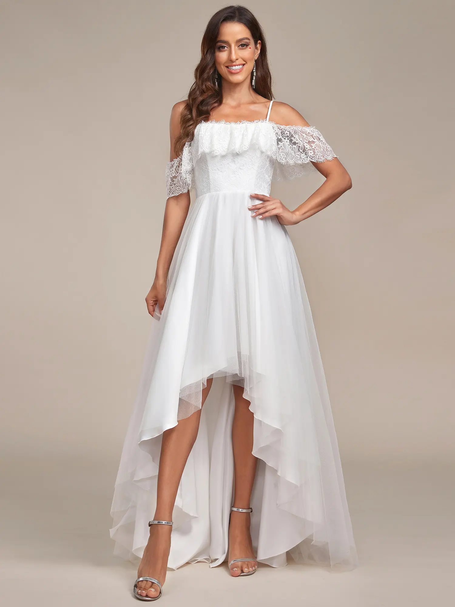 Ever-Pretty Elegant Formal Wedding Dress - Cold Shoulder Lace High-Low, Short Sleeve Spaghetti Strap, Concealed Zipper, Padded Bra Option, Polyester Fabric, Basic Style 90340, Smooth, Outdoor, Chic, Elegant Dresses, Classic