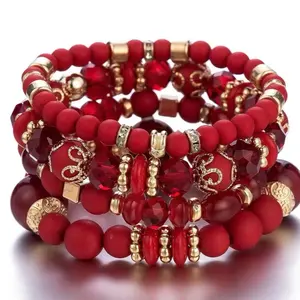The Ruby Radiance Stack Bohemian-Inspired Deep Red & Gold Accents Comfort Stretch Bracelet Set for Everyday Wear