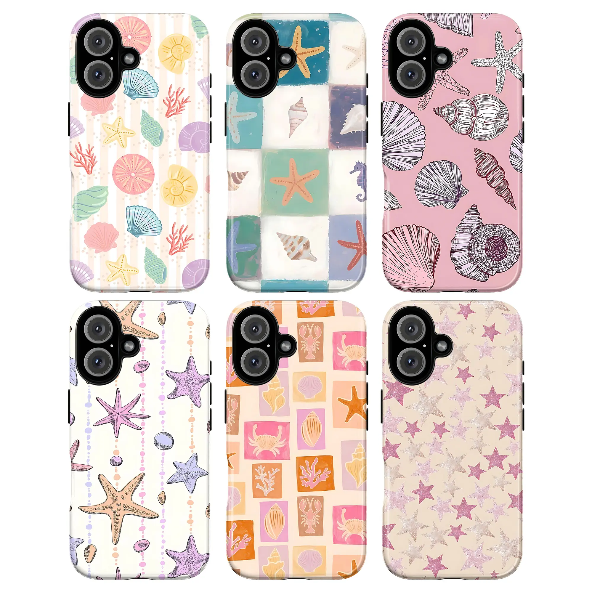 Kawaii Seashell Casing, Cute Starfish & Shell Pattern Phone Cover for iPhone 17/16/15/14/13/12/11 Pro/Pro Max, Samsung S21-S25, Pastel Ocean Beach Aesthetic Accessory, Unique Gift for Her