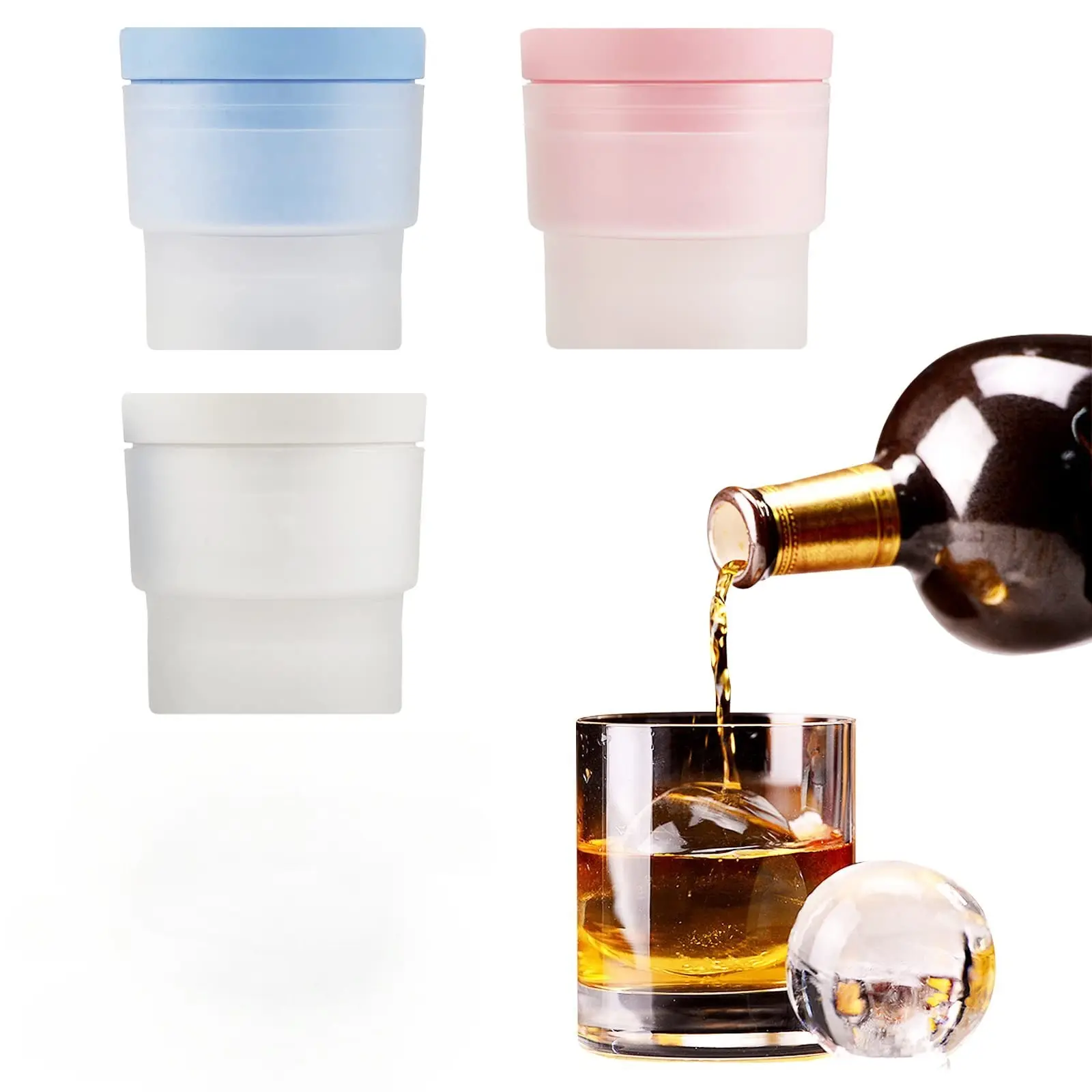 Ice Ball Making Mould - Set of 3 Round Ice Cube Mould 2.4" Spherical Ice Cube for Whiskey, Cocktail, Bourbon（Three-color blend） Ice Cube Tray  Silicone Reusable