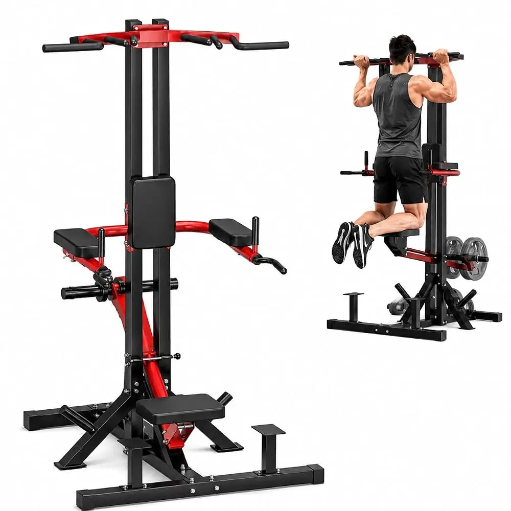 【2 Package Shipping】YODOLLA 4-in-1 Assisted Pull Up and Dip Machine, 1:1 Lever Counterweight Power Tower with Adjustable Grips and Resistance Band Pegs, Full Body Strength Training Equipment for Home Gym