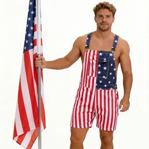 USA Patriotic Outfit American Flag Short Overalls for Adults, Comfortable Stretch Denim Bib Shorts for 4th of July Festivals, Father's Day Gifts and World Cup Viewing