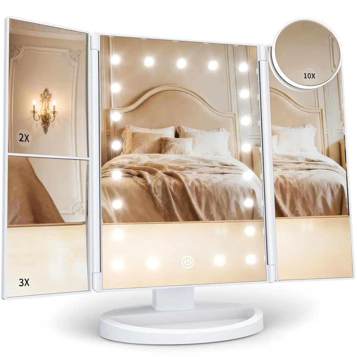 Vanity Makeup Mirror with Lights – Trifold LED Mirror with 2X 3X 10X Magnification & Touch Control