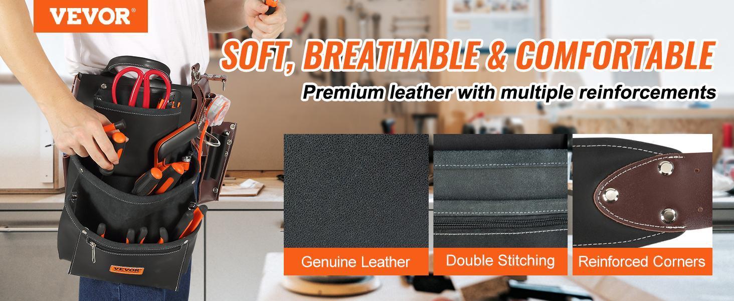 VEVOR Tool Belt, TikTokShopBlackFriday, 31 Pockets, Adjusts 32 Inches to 54 Inches, Leather Heavy Duty Tool Pouch Bag, Detachable Tool Bag for Electrician, Carpenter, Handyman, Woodworker, Construction, Black/Brown