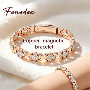 Fenedex Rose Gold Magnetic Bracelet for Women. Crafted from pure copper with crystals, it's designed to promote restful sleep and reduce inflammation. This skin-friendly piece also boosts energy, making a perfect holiday gift.