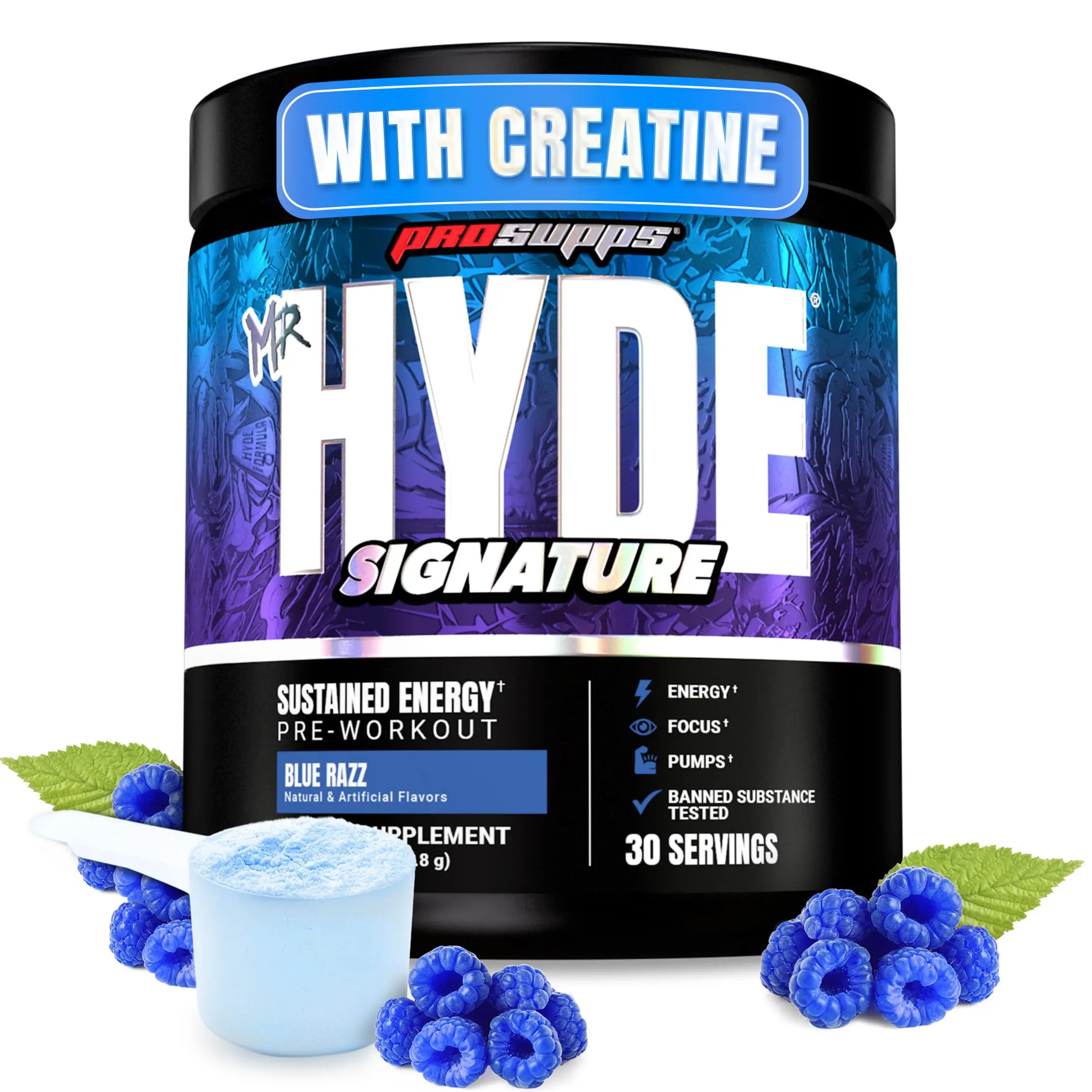 PROSUPPS Mr. Hyde Signature Non-Toxic Edible Pre-Workout Powder - Creatine, Beta Alanine, Caffeine, Malic Acid, Sucralose - Men's Fitness Supplement for Clean Energy, Performance, Endurance (Blue Razz, 30 Servings)