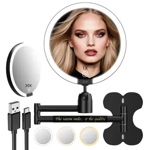 Wall Mounted Makeup Mirror With Lights, 30x Magnifying Mirror Wall Mount for Vanity, Bathroom and Shaving, Rechargeable Wall Mounted Makeup Mirror Swing Arm with Adjustable Brightness (Black-30X)，Valentines Day