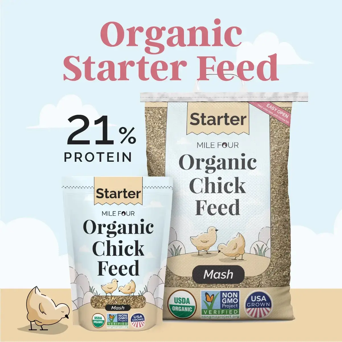 Organic Starter Feed for Chicks - USDA Certified Organic, GMO-free, USA-Made, Mile Four Feed, No Corn & Soy