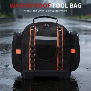 Garvee Heavy Duty Professional Tool Bag Backpack 40cm – 2-Layer Polyester, Removable Storage Cases, Reinforced Rubber Base, Waterproof, Black with Red Accents – Ideal for Electricians, Technicians, HVAC, Mechanics