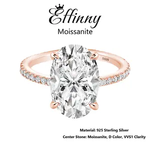 Effinny Jewelry Rose Gold Plated 925 Sterling Silver 4.0 Carat Synthetic Moissanite Oval Cut Engagement Ring, D Color VVS1 Promise Ring for Daily, Wedding, Party