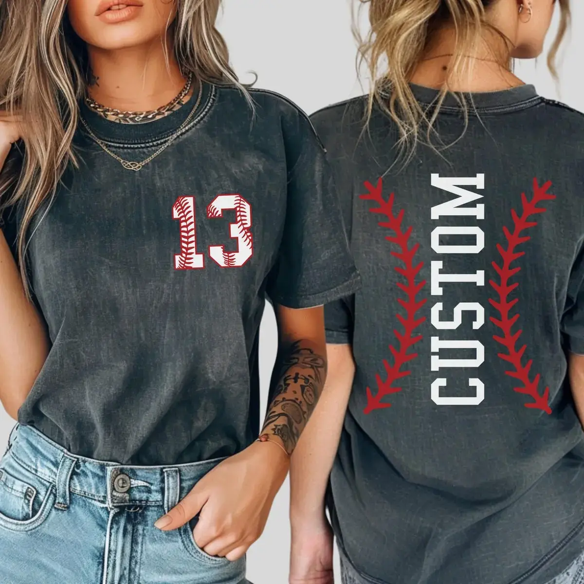 Women's Custom Baseball Mom T-Shirt - Personalized Number & Name, Vintage Charcoal Acid Wash Distressed Cotton Short-Sleeve Streetwear Top, Garment for Game Day with Great Fit & Matching Potential, Casual Wear, Relaxed Fit, Vintage Wash, Distressed Look,,
