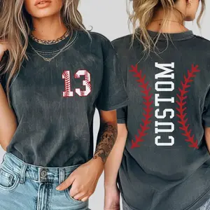BojjiCo Women's Custom Vintage Acid Wash Charcoal Gray Fleece Ribbed Baseball Mom Graphic T-Shirt - Kangaroo Garment, Personalized Team Number Front, Custom Word Back Print, Distressed Cotton, Matching Game Day Casual Streetwear Tee