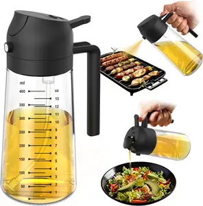 16oz/470ml Glass Olive Oil Sprayer for Cooking - 2 in 1 Olive Oil Dispenser Bottle for Kitchen Gadgets & Air Fryer Accessories, Salad, BBQ - Black