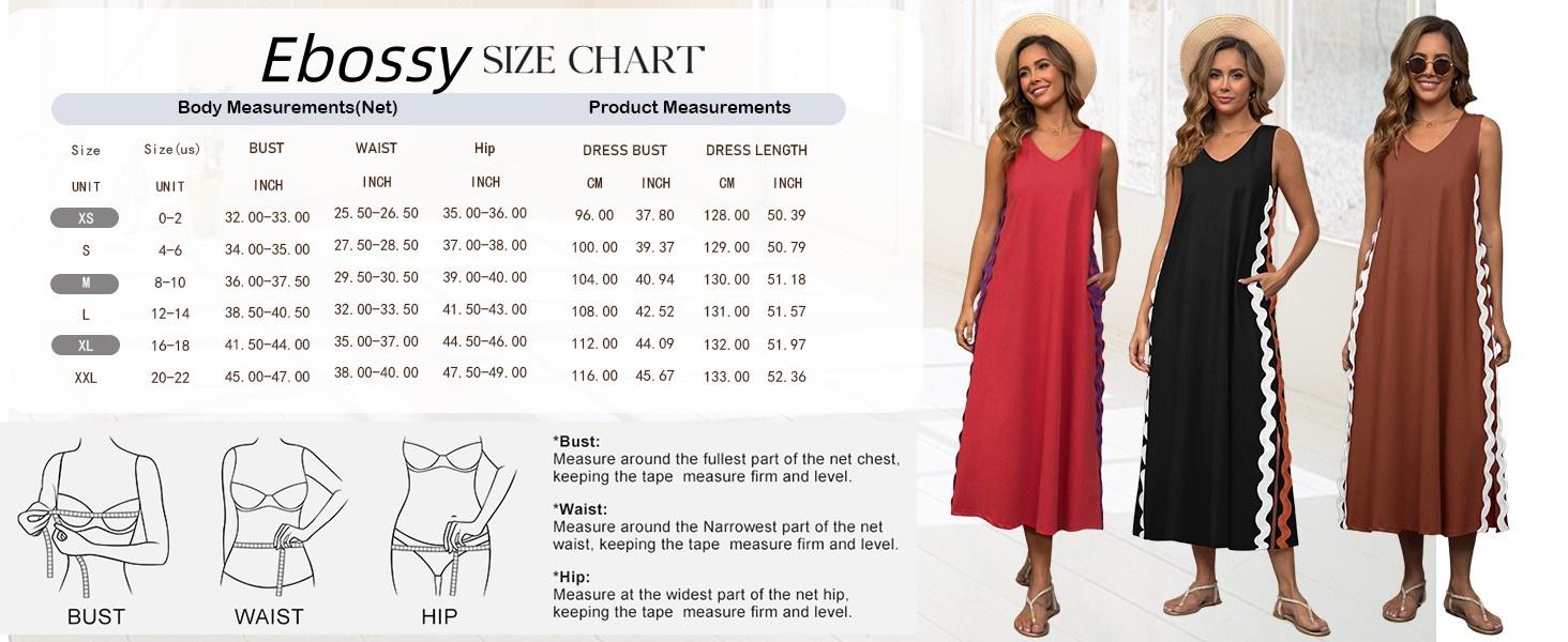 Ebossy Women's Summer Beach Boho Flowy Maxi Dress Casual Sleeveless V Neck Side Slit RIC Rac Tank Dress