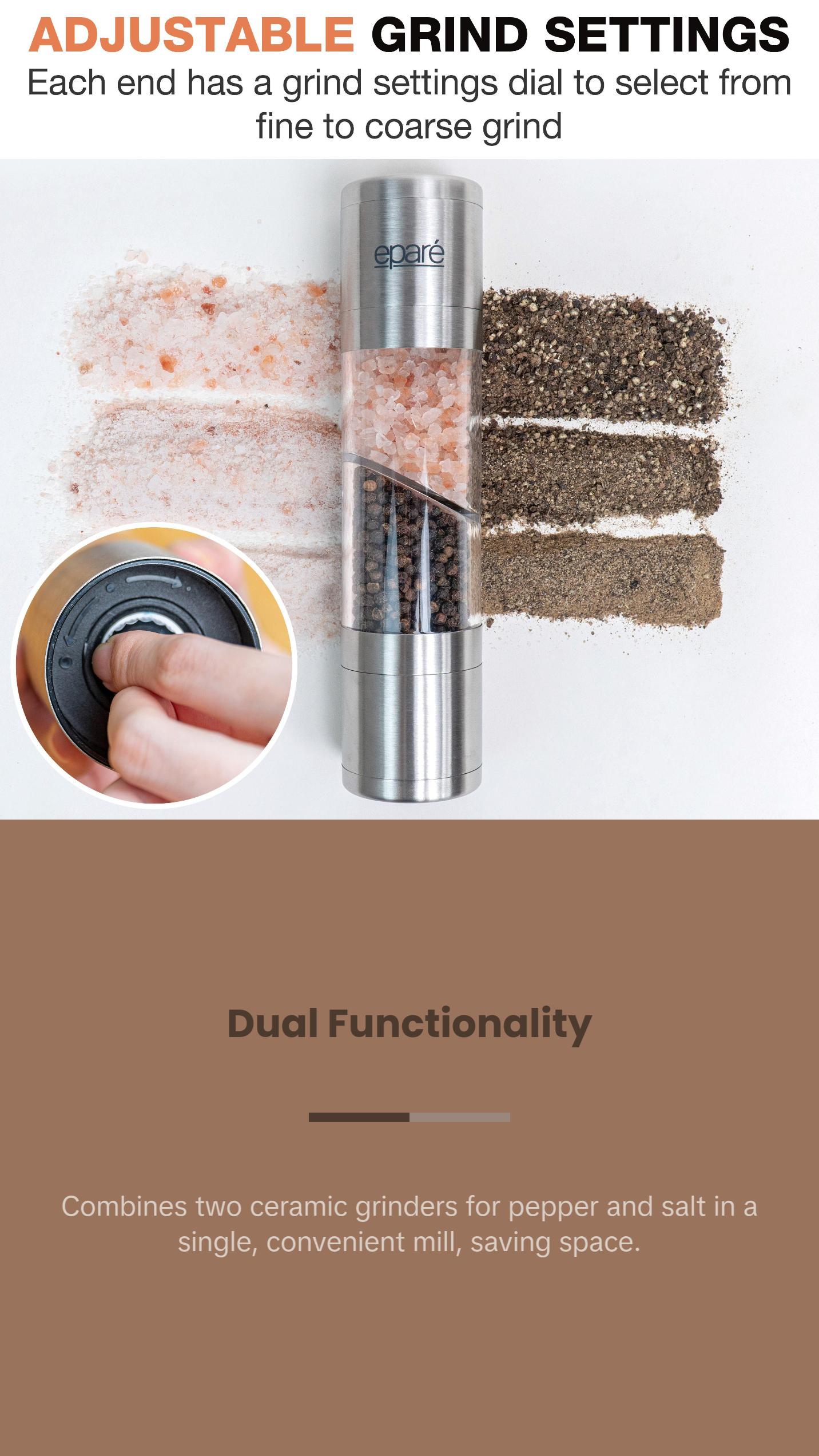 Eparé Dual Salt and Pepper Grinder Combo - 2 in 1 Refillable Peppermill Grinders