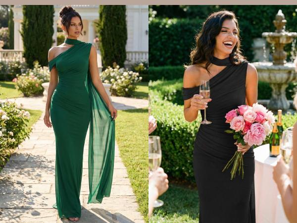 Curvysweet SDK0617A Elegant One-Shoulder Mermaid Maxi Dress With Built-In Bra, Ruched Bodycon & Extra-Long Mesh Tulle Tie, For Christmas, New Year, Wedding Guest, Prom, Formal Dinner, Cocktail Party, Vacation Evening Gown