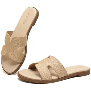 Womens Flat Sandals Dressy Summer Slides Comfortable Casual Open Toe Vacation Sandals Slip On Slides Leather Sandals for Women