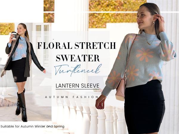 ZEAGOO Sweaters for Women Pullover Turtleneck Long Sleeve Oversized Lantern Ribbed Knit Sweater Tops Womenswear Casual Check Comfy