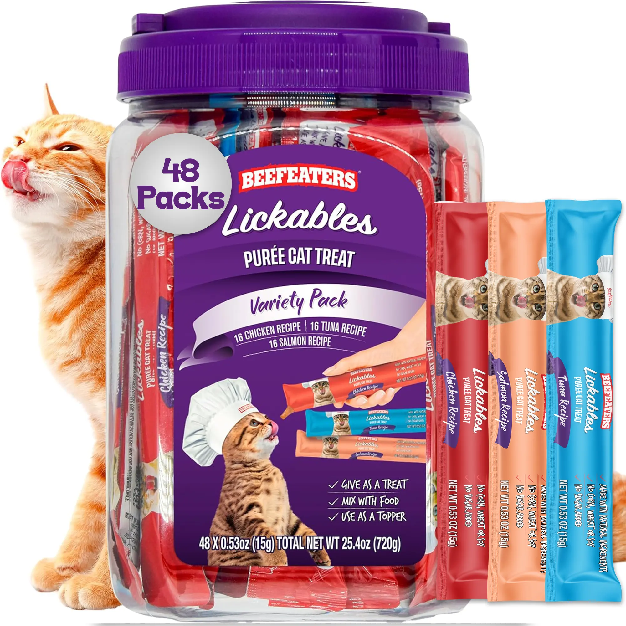 Beefeaters wet cat treats lickable 48 Count Puree Variety Pack - Salmon Tuna Chicken for Hydration & Training, Grain Free Taurine Enriched High Moisture, lickable cat treats squeeze up for Picky Eaters