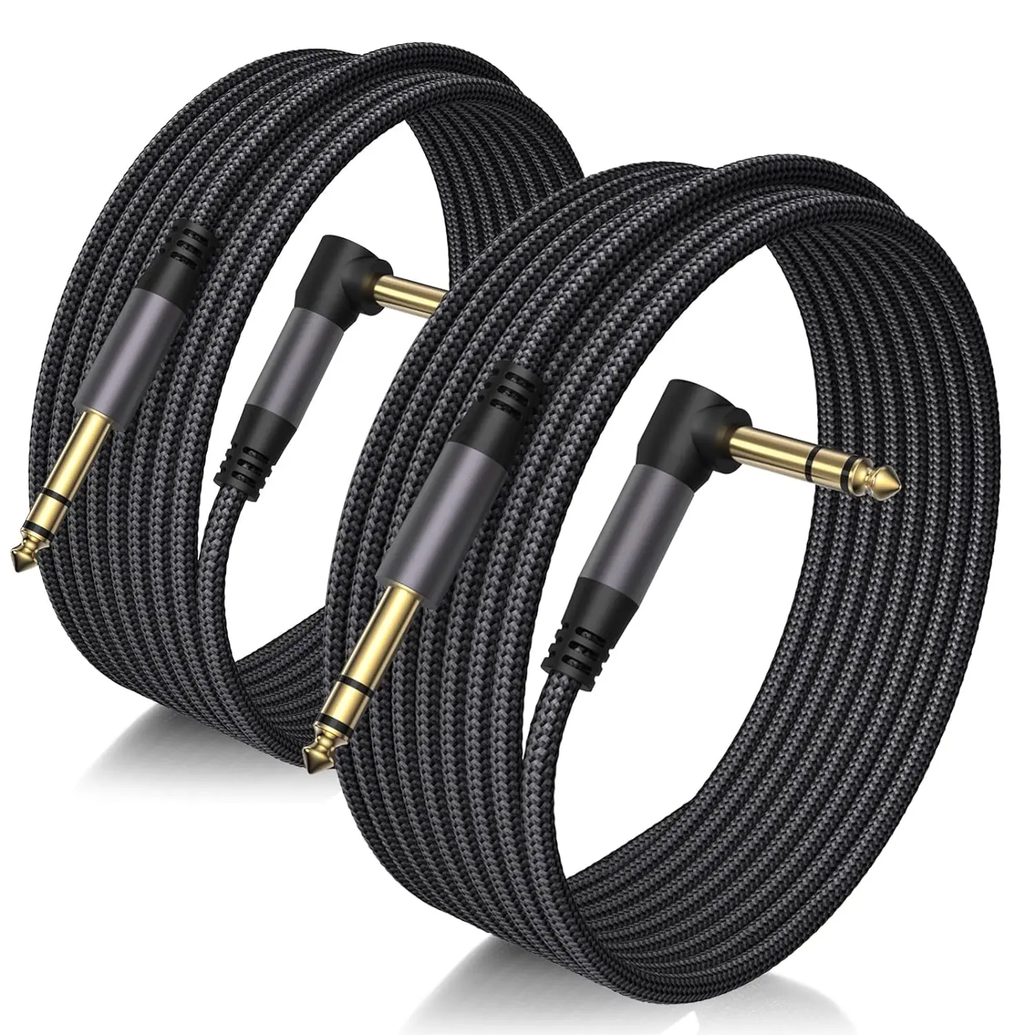 2 Pack Premium 10 ft 1/4 Inch Right Angle TRS Cable - Noise-Free, Long-Lasting AMP Cord for Electric Guitar, Balanced Stereo Interconnect