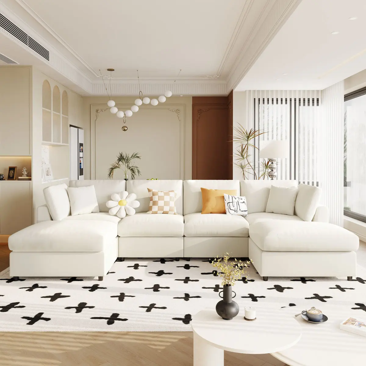 [Bellemave]  128" Large U-Shaped Sectional Sofa with 2 Movable Ottomans, Chenille Fabric, Modular Design for Living Room, Home Theater, Spacious Space