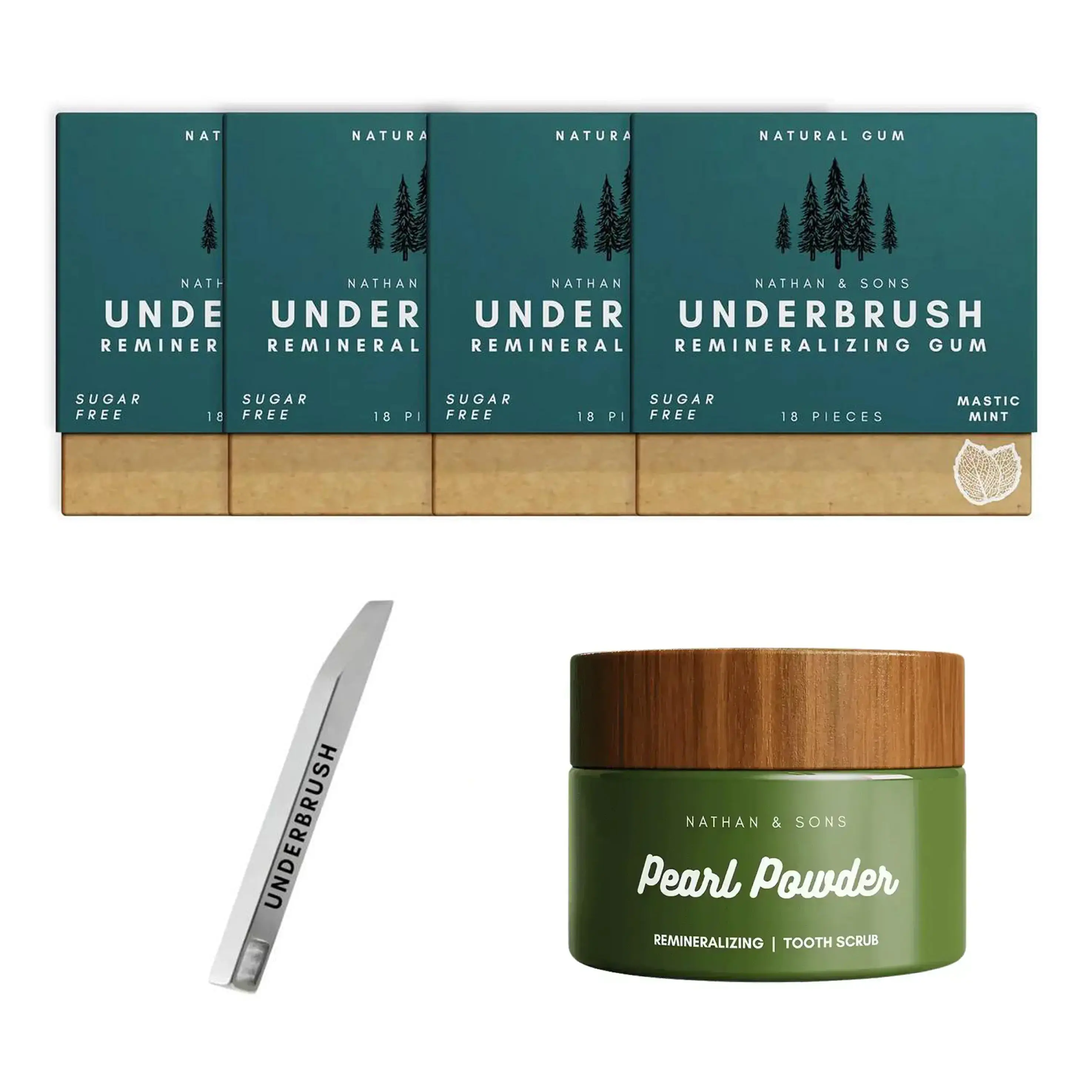 NATHAN & SONS Oral Care Bundle - Underbrush Remineralizing Gum 4-Pack, Mint Flavor, Pearl Powder Tooth Scrub