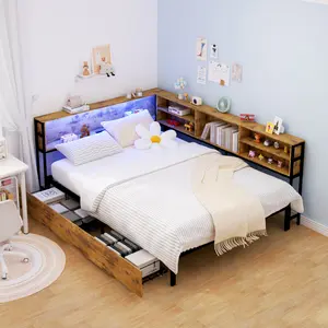 Full Corner Daybed with Storage, Bookcase Headboard, LED Light & Built-in Charging Station