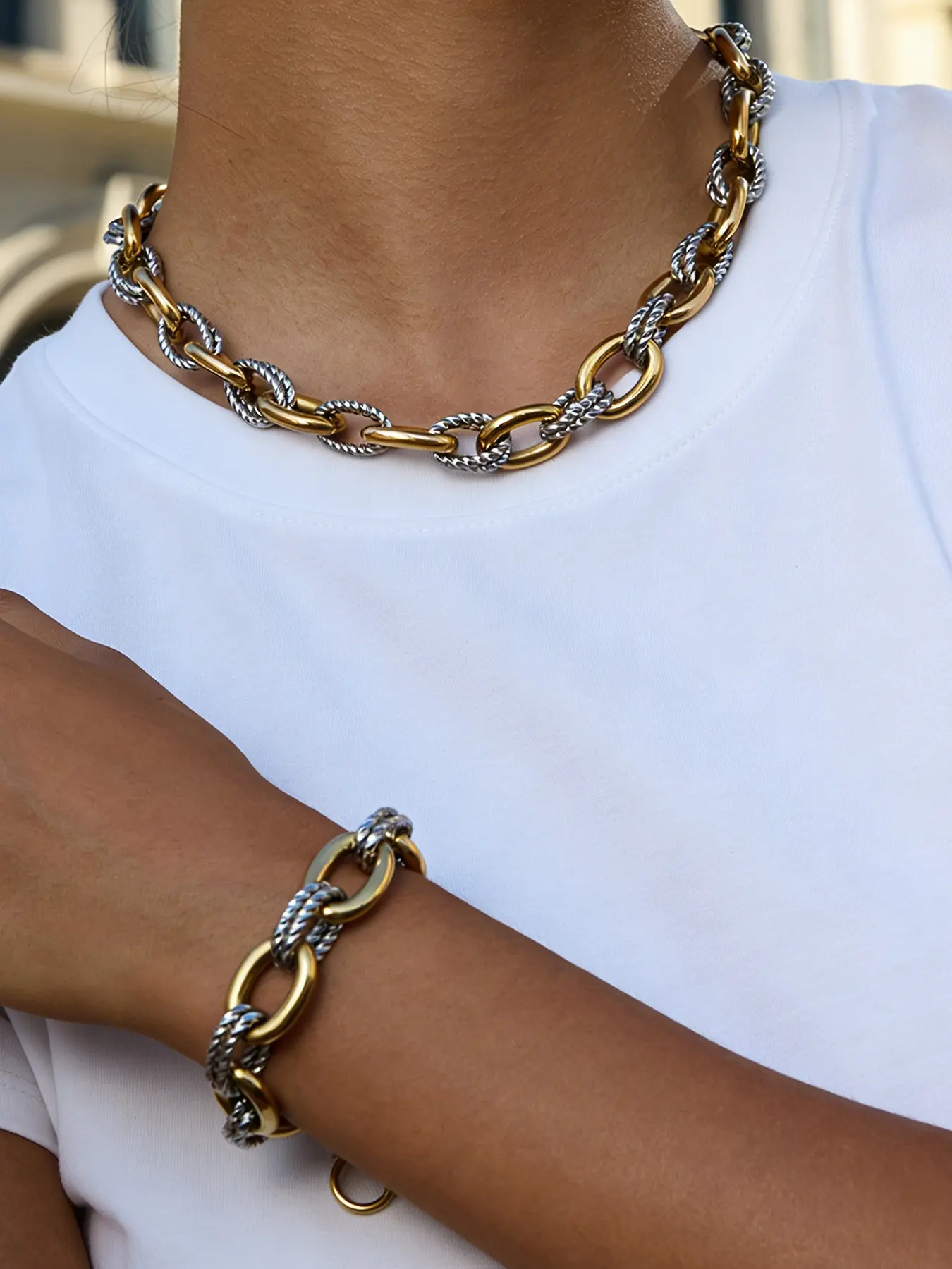 1Set Stainless Steel Double Color Oval Necklace Bracelet Set Fashionable Trendy Jewelry Set For Women Jewelry Sets Hip-Hop Punk Smooth Fried Dough Twists Neck Chain Jewelry Gift