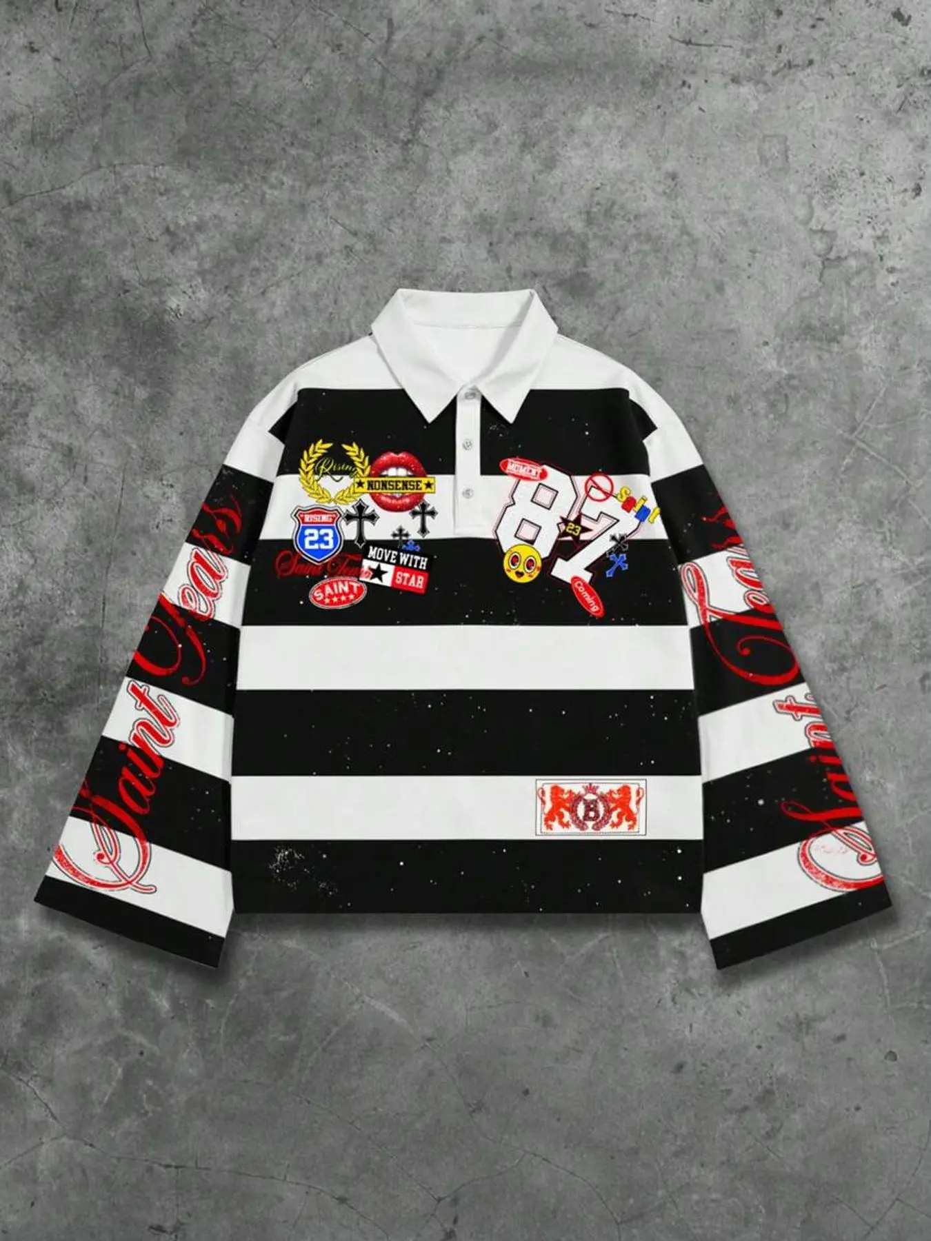 Y2K Punk Black and White Striped Baggy Loose Classic Polo Shirt with Red Digital Print and Flared Lettering - Saint Tears Long-Sleeved Casual Aesthetic Top Polo Shirt