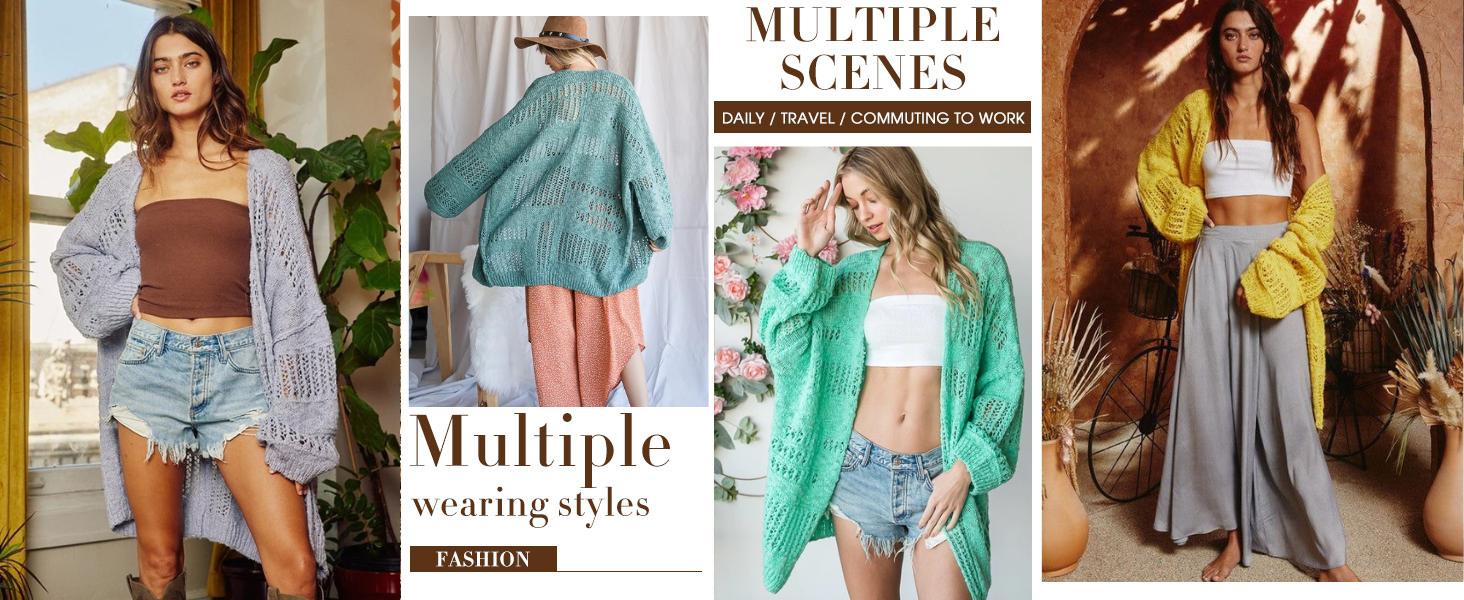 Women's Lightweight Crochet Cardigan Long Sleeve Open Front Oversized Summer Sweater Batwing Beach Fashion