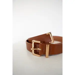 Classic Square Belt with Gold Accents in Cognac