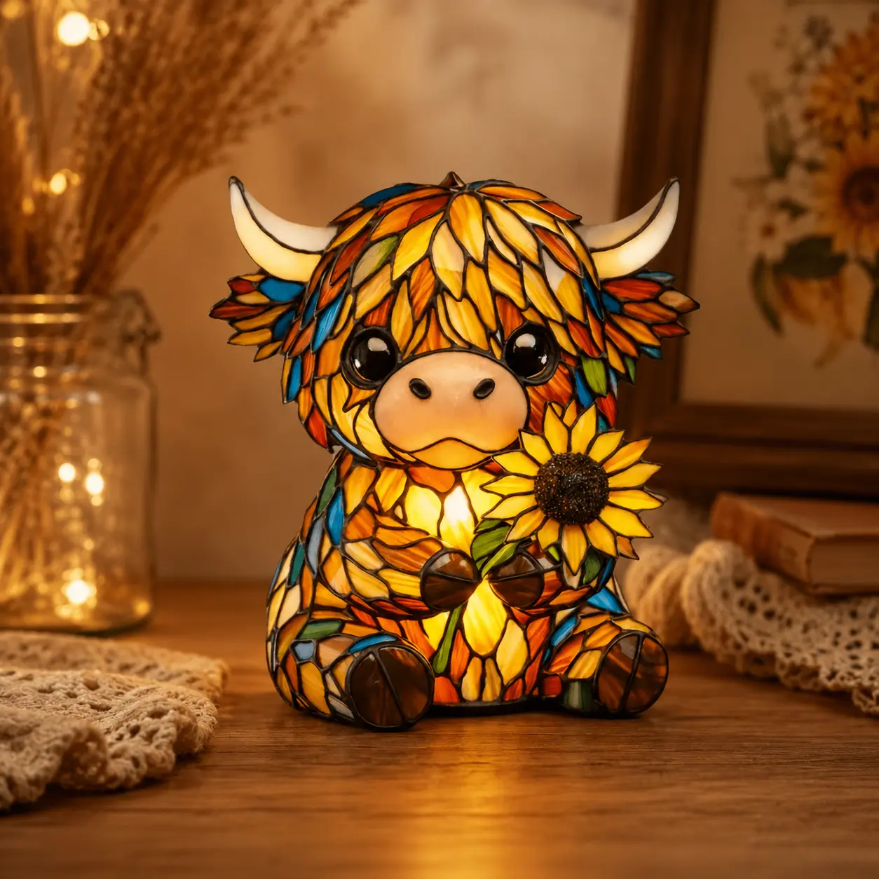 Cute Highland Cow Sunflower LED Night Light, Colorful Resin Animal Table Lamp for Bedroom, Cozy Home Decor, Decorative Cow Figurine Lamp Gift for Kids, Girls, and Cow Lovers