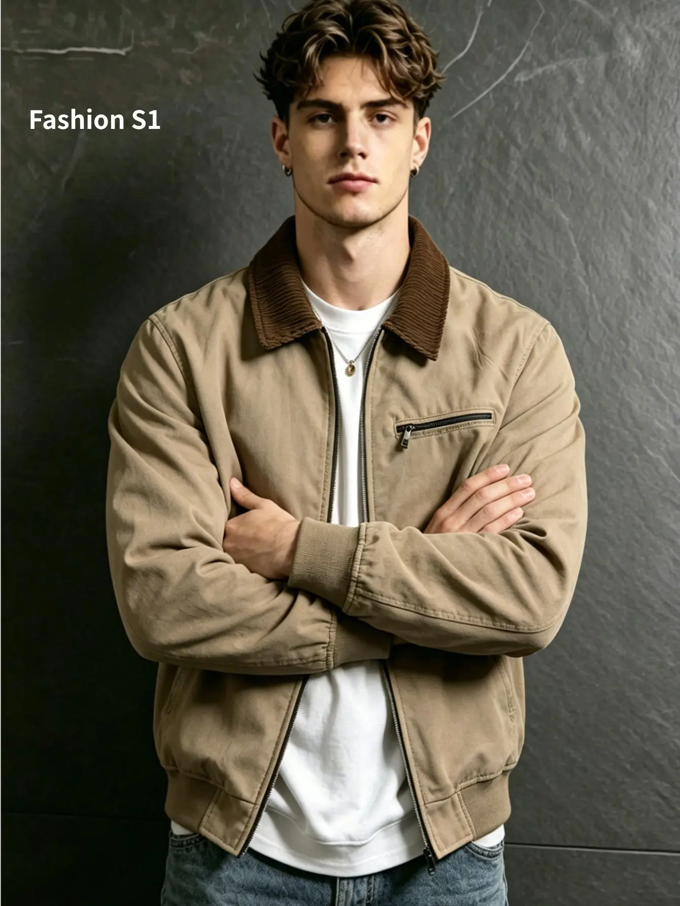 Men's Classic Vintage Workwear Coats with a Baggy Fit, Casual Zip-Up Polyester Longsleeve with a Turn-Down Collar, Stylish, Retro Style, Plain