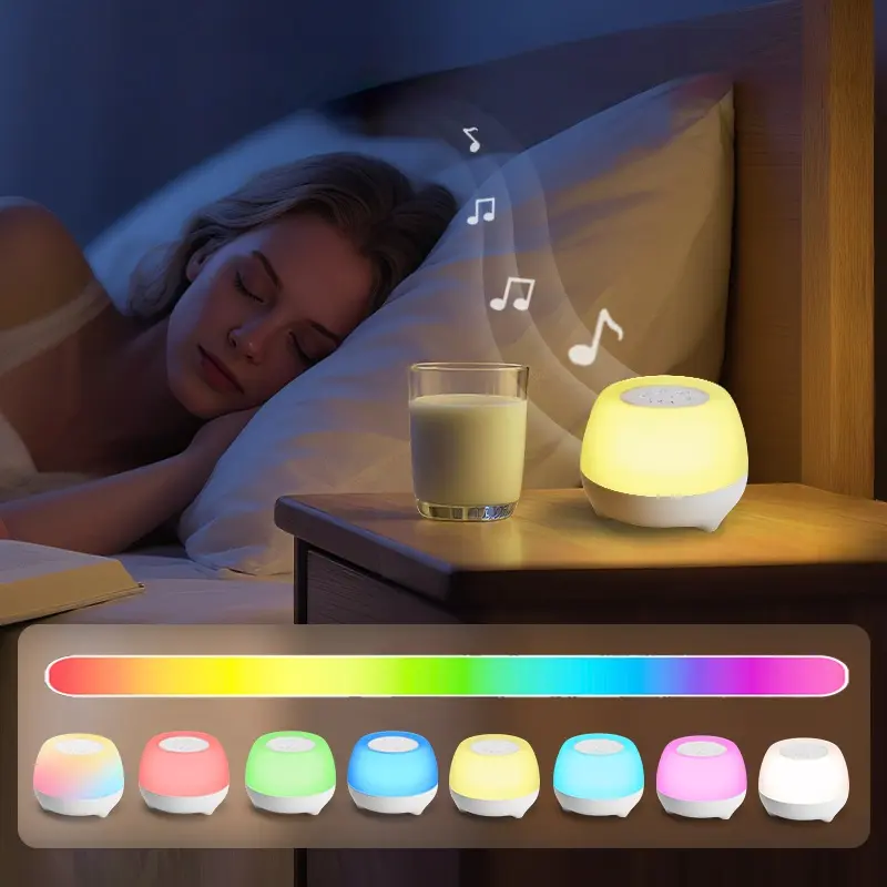 Portable white noise machine with 8-color changing night light, 10 soothing sounds, USB rechargeable, timer function, compact design. Ideal for home, travel, office, and Dorm use. Sleep sound timer and night light suitable for children and adults.