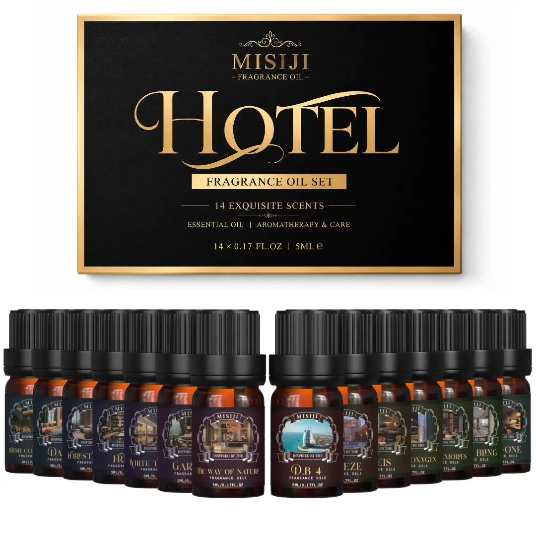 MISIJI Hotel Aromatherapy Diffuser Gift Set - Casual Luxury Gift Box for Daily Use, Business Gifting, 14 Pieces 5mL Essential Oil Assortment with 12-Month Exquisite Hotel Scents, Home Fragrance Kit