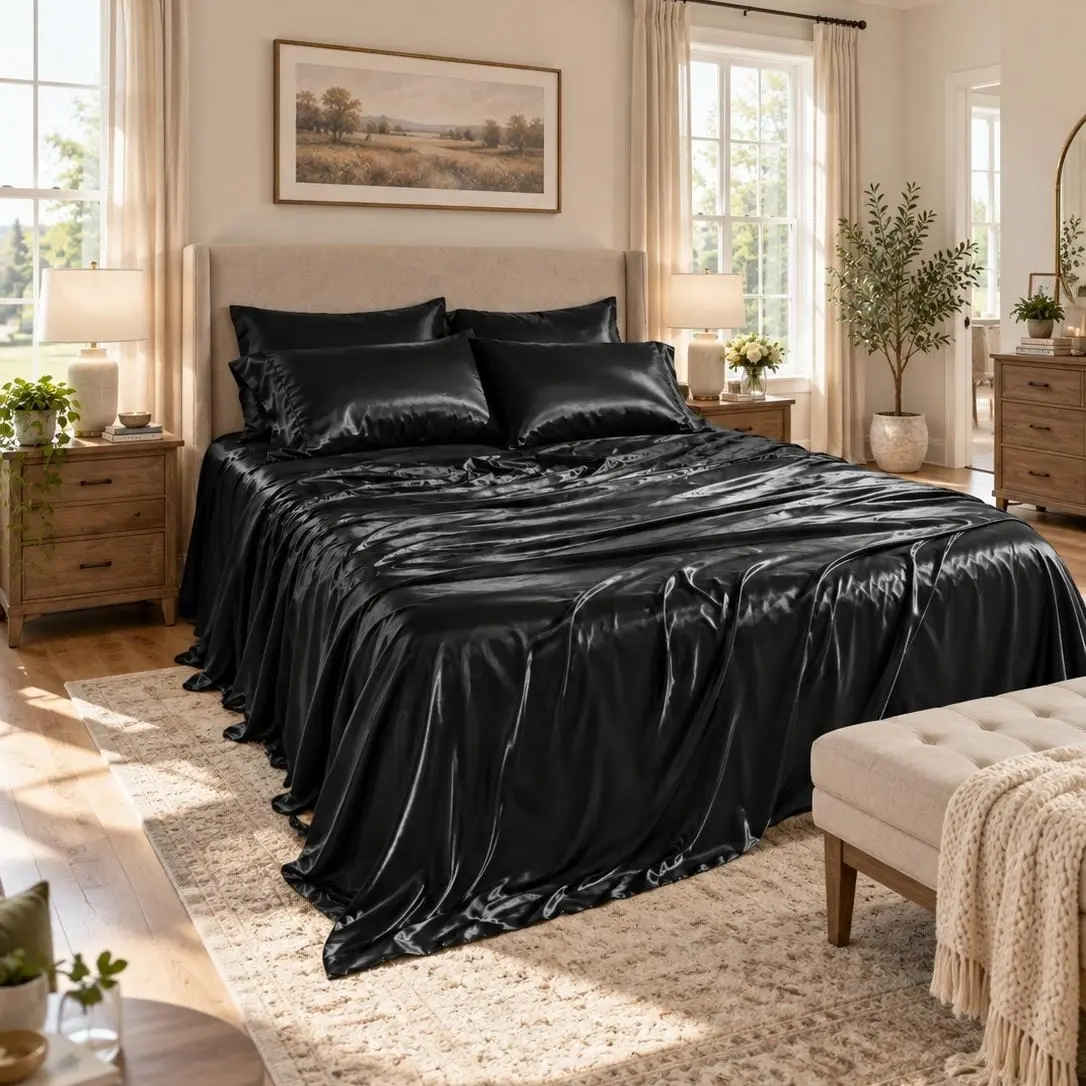REGENCY HEIGHTS 6PC Hotel Quality Bedding Set - Smooth Satin Bed Sheets with Smooth Satin Glide for Easy Mornings, 90g Classic Waffle Weave Comforter, 2 Extra Shams, Solid Color Elegant Design for Bedroom Decor